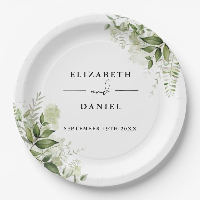 Greenery Floral Elegant Modern Wedding Paper Plate (Front)
