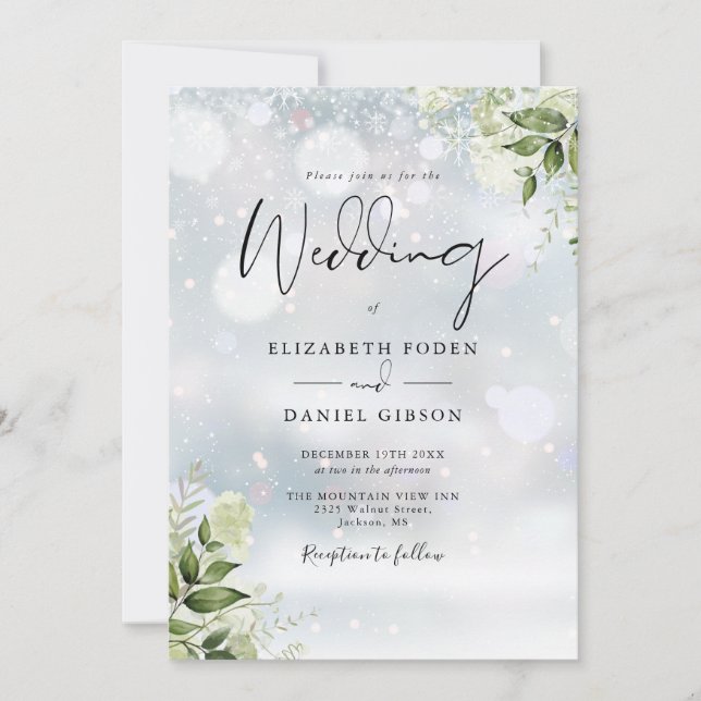 Greenery Floral Elegant Monogram Winter Wedding Invitation (Front)