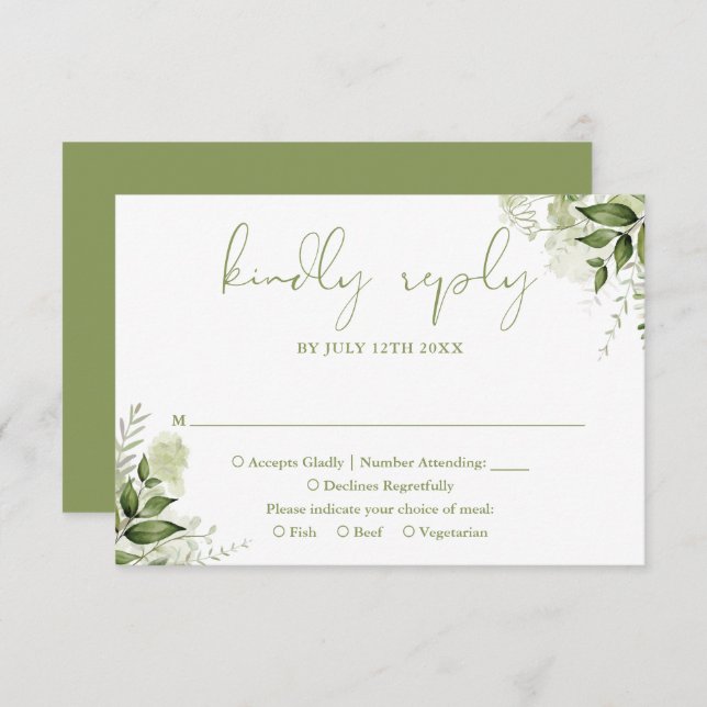 Greenery Floral Elegant Moss Green Wedding RSVP Card (Front/Back)