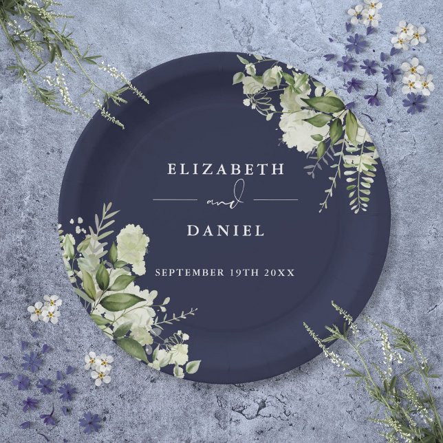 Greenery Floral Elegant Navy Blue Wedding Paper Plate (Greenery Floral Elegant Navy Blue Wedding Paper Plates)