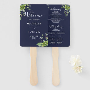 Greenery Floral Elegant Navy Blue Wedding Program Hand Fan