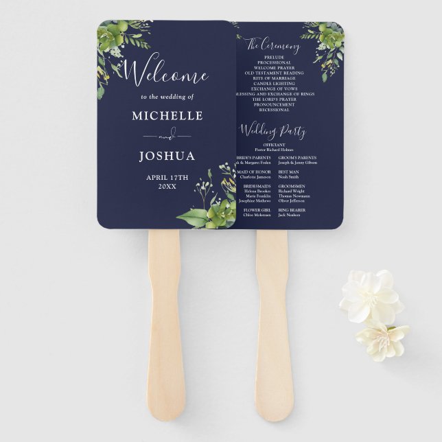 Greenery Floral Elegant Navy Blue Wedding Program Hand Fan (Front and Back)
