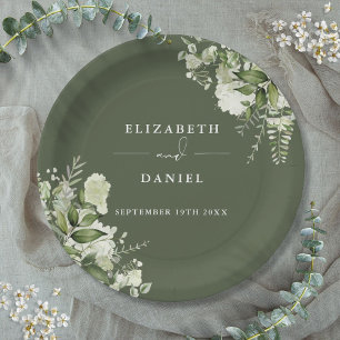 Greenery Floral Elegant Olive Green Wedding Paper Plate