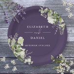Greenery Floral Elegant Purple Wedding Paper Plate<br><div class="desc">Elegant floral greenery purple wedding paper plate personalized with your names and special wedding date. Designed by Thisisnotme©</div>
