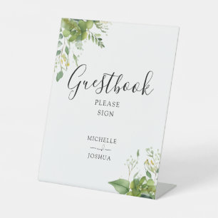 Greenery Floral Elegant Script Guestbook Pedestal Sign