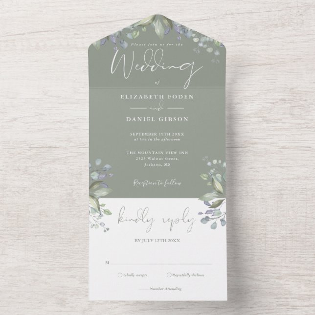 Greenery Floral Elegant Script Sage Green Wedding All In One Invitation (Inside)