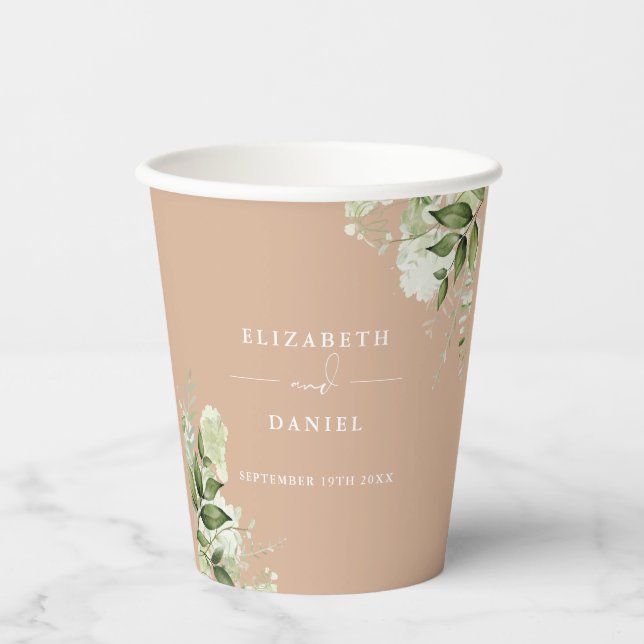 Greenery Floral Elegant Tan Wedding Paper Cups (Front)