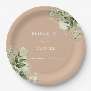 Greenery Floral Elegant Tan Wedding Paper Plate
