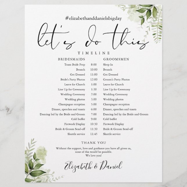 Greenery Floral Foliage Wedding Schedule Timeline (Front)