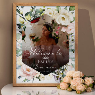 Greenery Floral Frame Photo Quinceañe Welcome Sign
