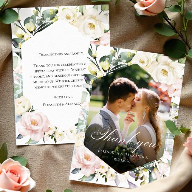 Greenery Floral Frame Photo Wedding Thank You Card (Creator Uploaded)