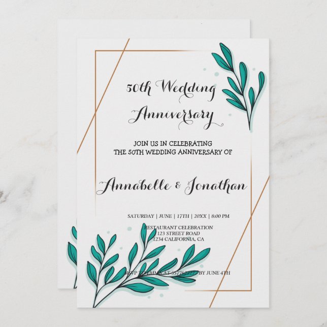 Greenery Floral Gold Foil Leav Wedding Anniversary Invitation (Front/Back)