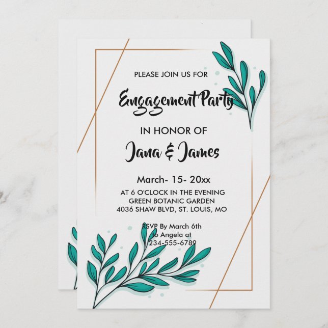 Greenery Floral Gold Foil Leaves    Engagement Invitation (Front/Back)