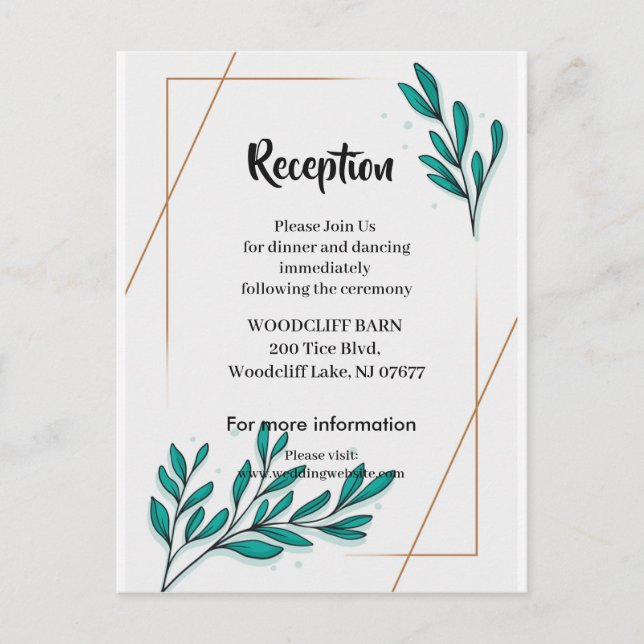 Greenery Floral Gold Foil Leaves reception card (Front)