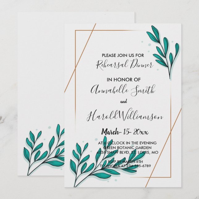 Greenery Floral Gold Foil Leaves Rehearsal Dinner Invitation (Front/Back)