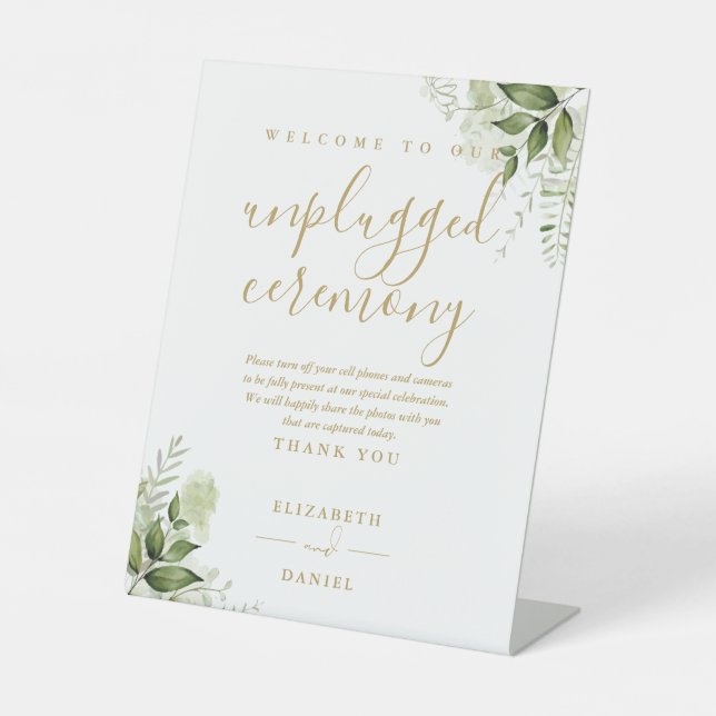 Greenery Floral Gold Modern Unplugged Ceremony Pedestal Sign (Front)