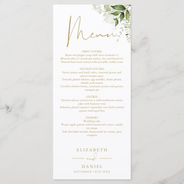 Greenery Floral Gold Monogram Wedding Dinner Menu (Front)