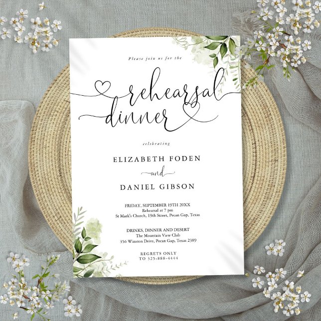 Greenery Floral Heart Script Rehearsal Dinner Invitation (Greenery Floral Heart Script Rehearsal Dinner Invitation)