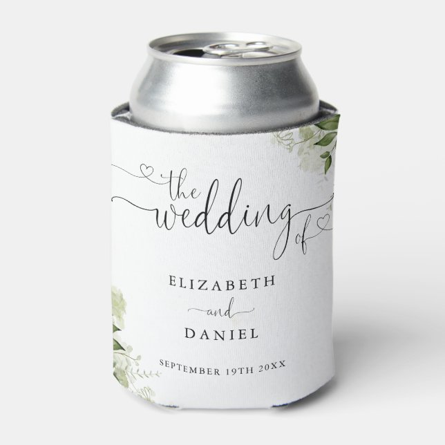 Greenery Floral Heart Script Wedding Can Cooler (Can Front)