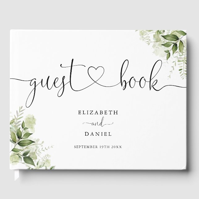 Greenery Floral Heart Script Wedding Guest Book (Front)