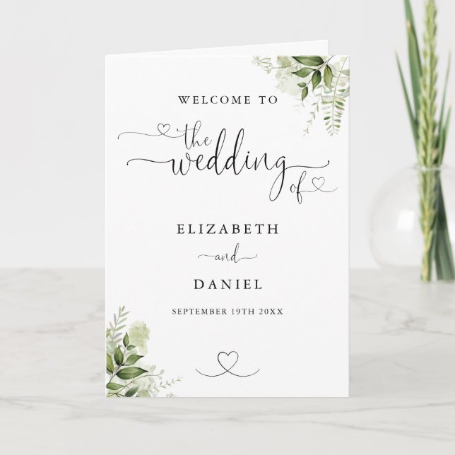 Greenery Floral Heart Script Wedding  Programme (Front)
