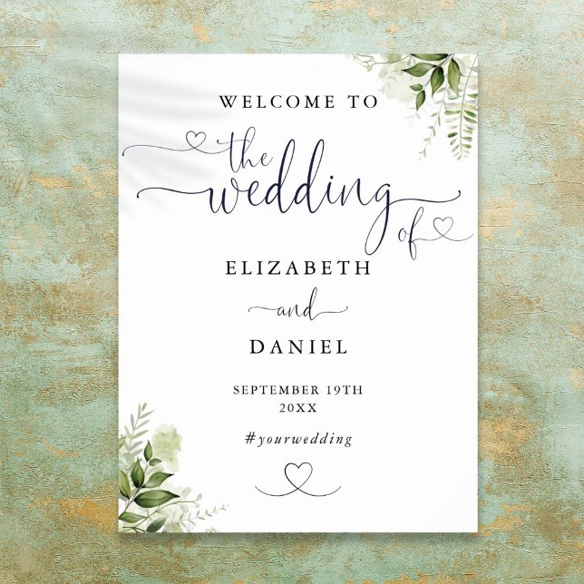 Greenery Floral Heart Script Wedding Welcome Sign (Greenery Floral Heart Script Wedding Welcome Sign)