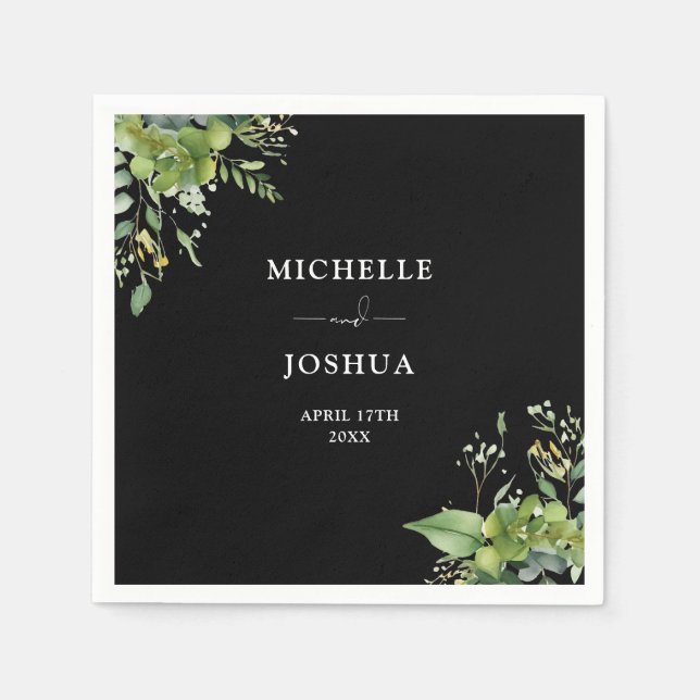 Greenery Floral Modern Black And White Wedding Napkin (Front)