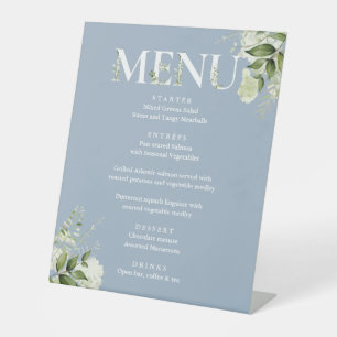 Greenery Floral Modern Elegant Dusty Blue Menu Pedestal Sign