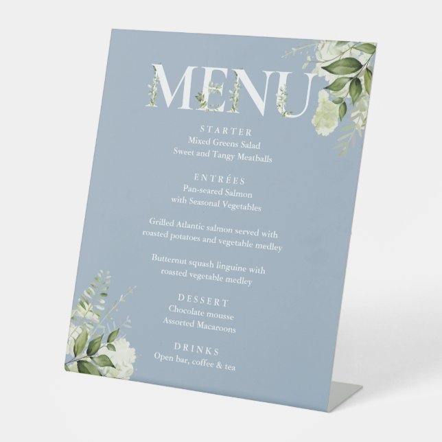 Greenery Floral Modern Elegant Dusty Blue Menu Pedestal Sign (Front)