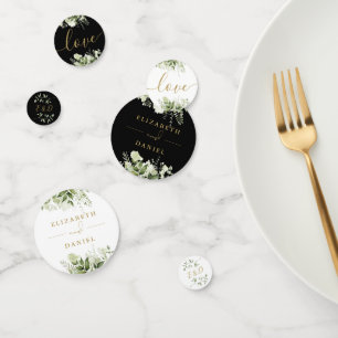 Greenery Floral Monogram Black And Gold Wedding Confetti