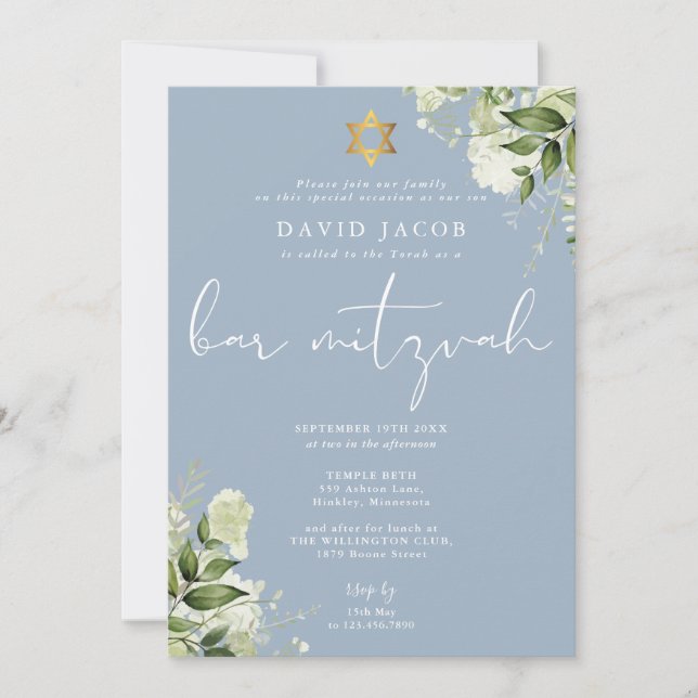 Greenery Floral Monogram Blue Bar Mitzvah Invitation (Front)