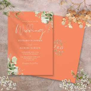 Greenery Floral Monogram Coral Wedding Invitation
