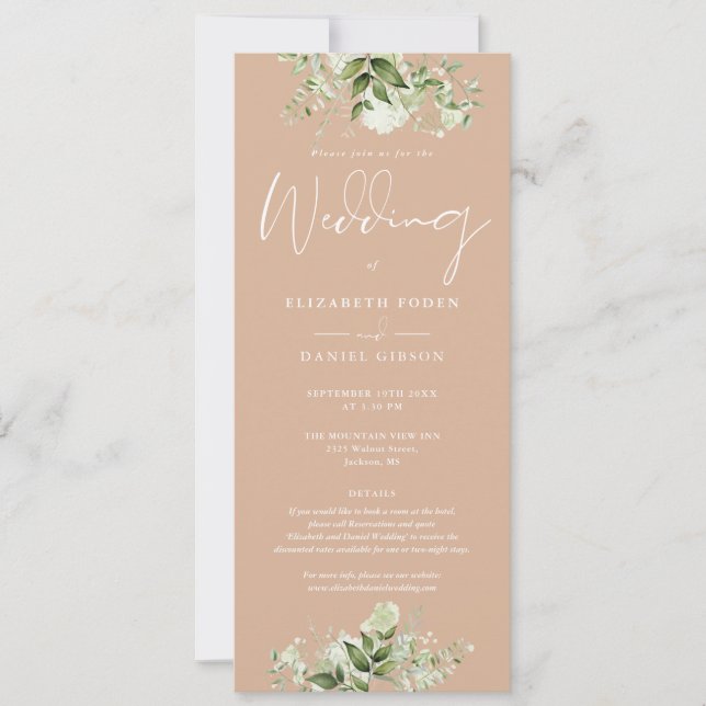 Greenery Floral Monogram Details Tan Wedding Invitation (Front)