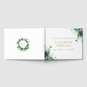 Greenery Floral Monogram In Loving Memory Funeral Guest Book