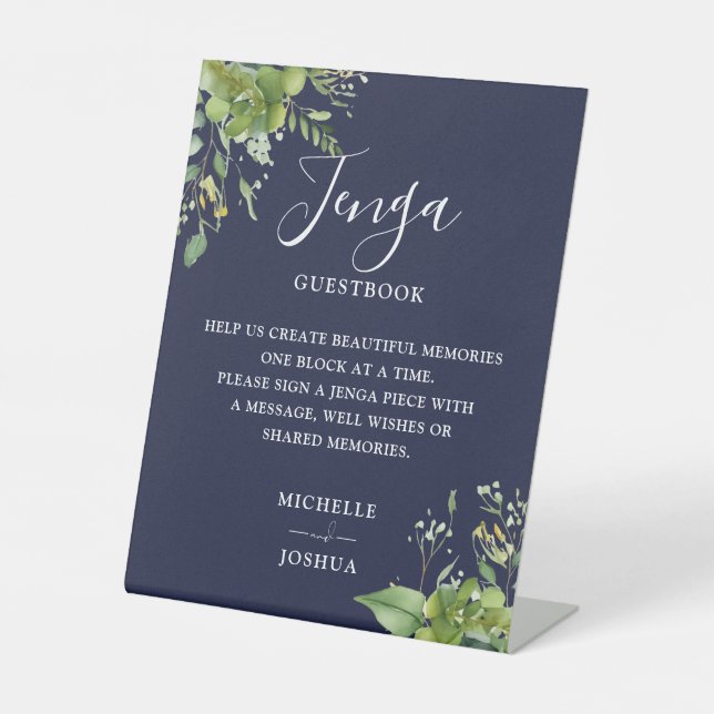 Greenery Floral Navy Blue Jenga Wedding Guestbook Pedestal Sign (Front)