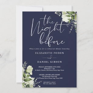 Greenery Floral Navy Blue Rehearsal Dinner Invitation