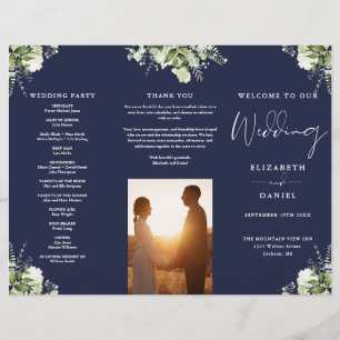 Greenery Floral Navy Blue Trifold Wedding Program Flyer