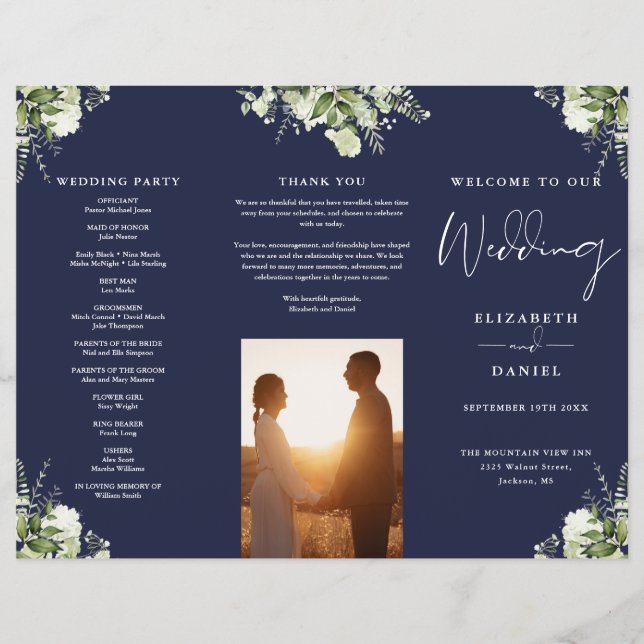 Greenery Floral Navy Blue Trifold Wedding Program Flyer (Front)