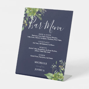 Greenery Floral Navy Blue Wedding Bar Menu Pedestal Sign