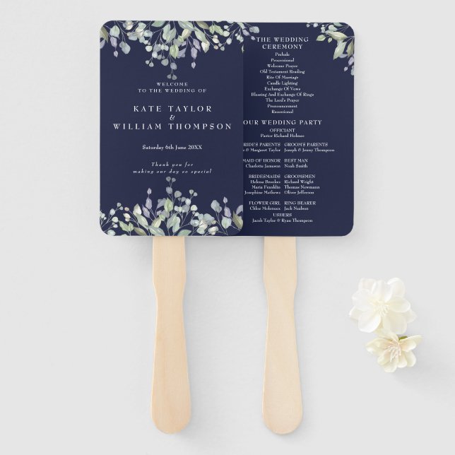 Greenery Floral Navy Blue Wedding Program Hand Fan (Front and Back)