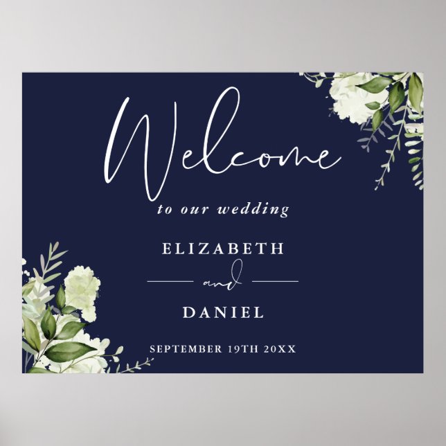 Greenery Floral Navy Blue Wedding Welcome Sign (Front)