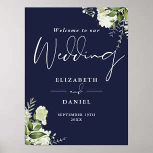 Greenery Floral Navy Blue Wedding Welcome Sign