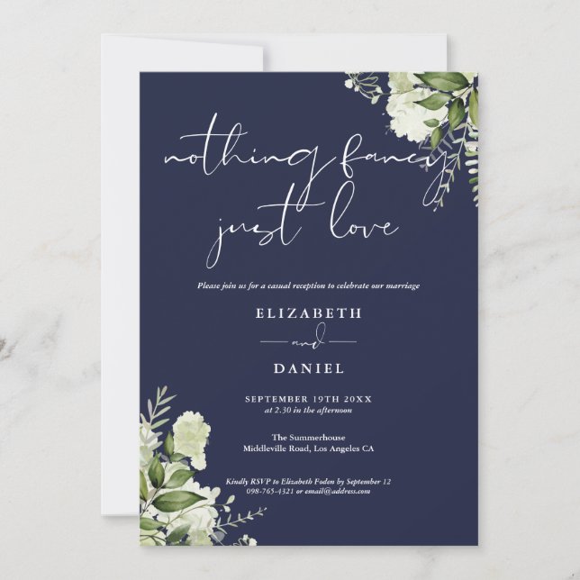 Greenery Floral Navy Elopement Wedding Reception Invitation (Front)