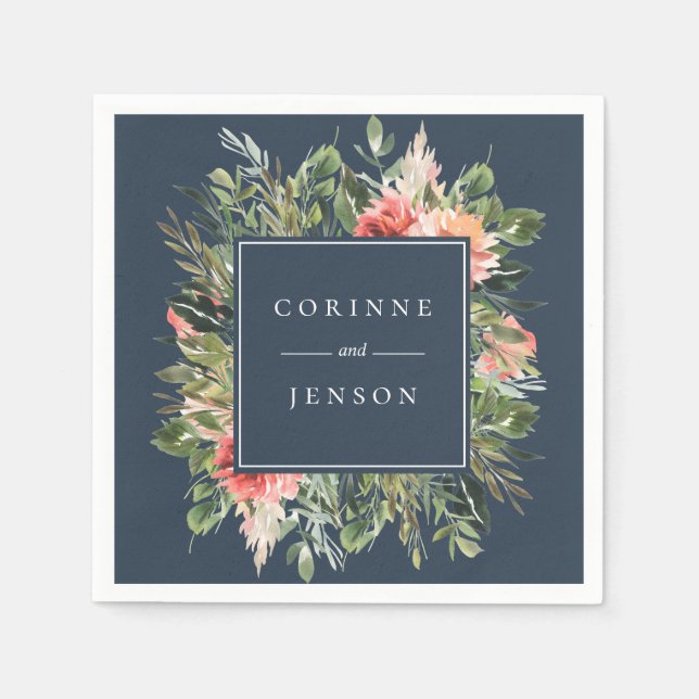 Greenery Floral Navy Personalised Paper Napkins (Front)