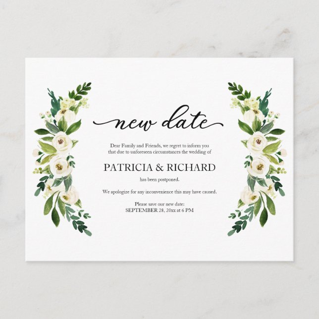 Greenery Floral New Date Wedding Postponement Postcard (Front)