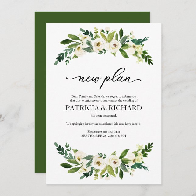 Greenery Floral New Plan Wedding Postponement Invitation (Front/Back)