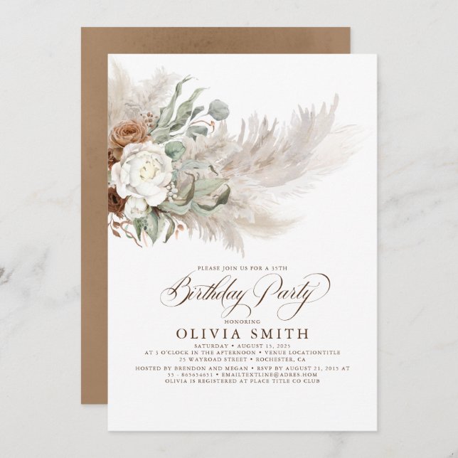 Greenery Floral Pampas Grass Boho Birthday Invitation (Front/Back)