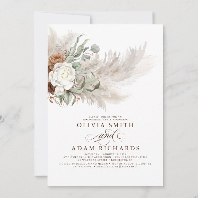 Greenery Floral Pampas Grass Boho Engagement Party Invitation (Front)