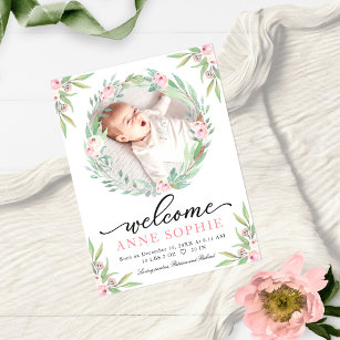 Greenery Floral Photo Birth Announcement Cards