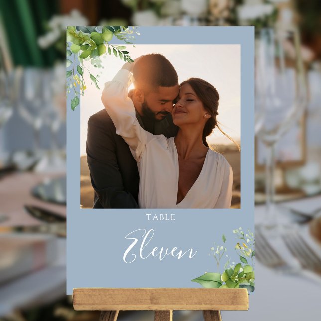 Greenery Floral Photo Dusty Blue Table Number (Greenery Floral Photo Dusty Blue Table Number)